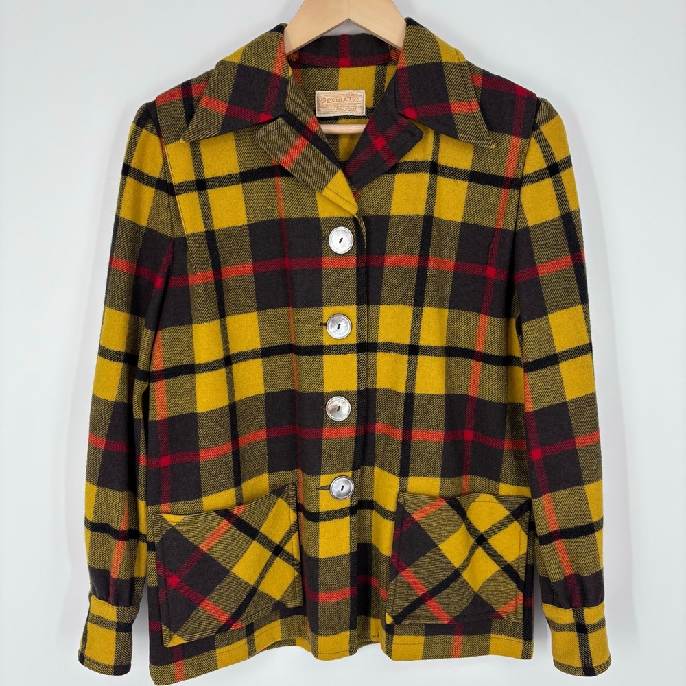 VTG 50s Pendleton Womens 49er Wool Plaid Button Front Jacket Sz M Yellow Plaid